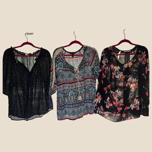 Lot of 3 Women Blouses 2X Black Floral Paisley Boho Crochet Lace Tops Bundle
